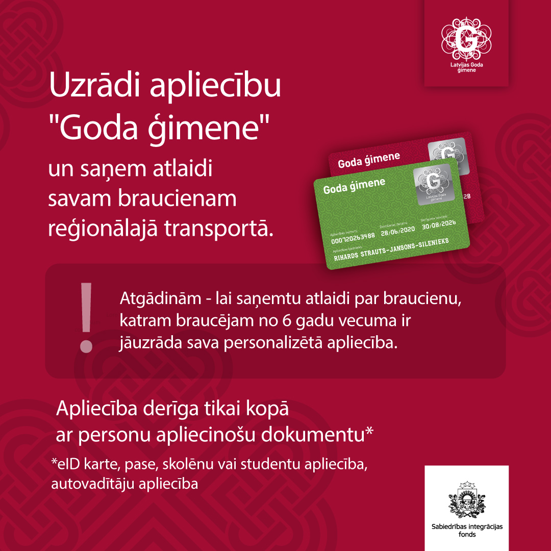 Goda ģimenes apliecība. Atlaide braucienam vilcienā